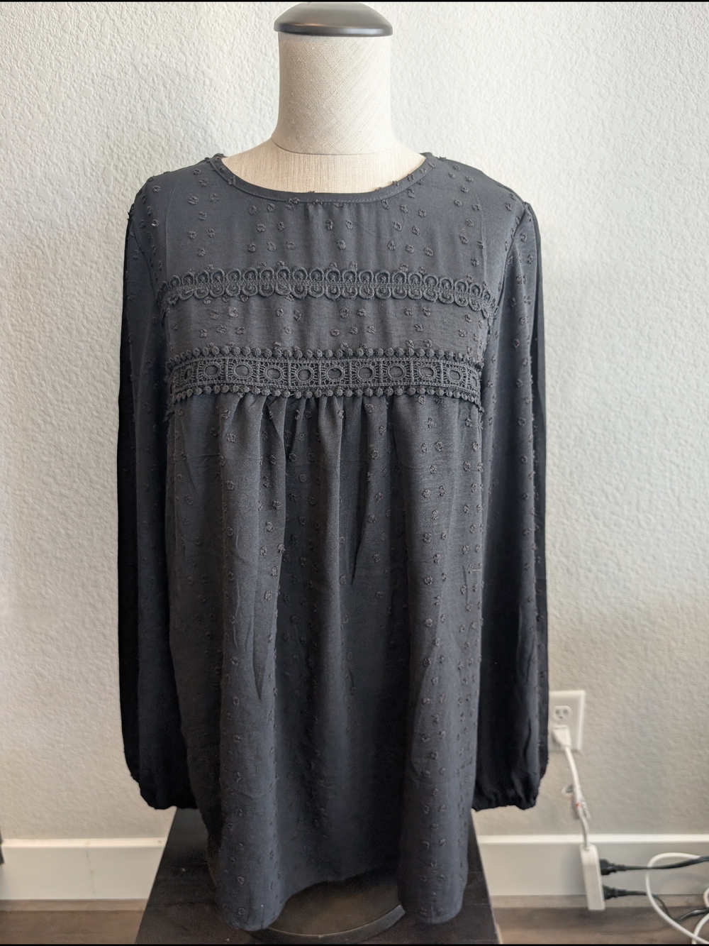 NWT Falechay Sz XL Black Embroidered Peasant Blouse